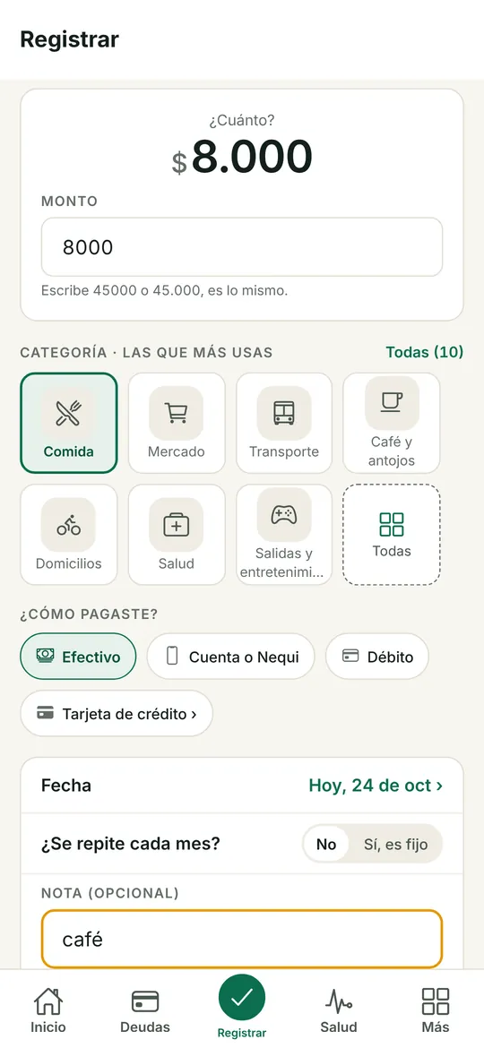 Pantalla para registrar un gasto de $8.000 (cuenta de prueba)
