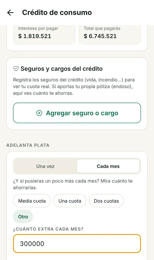 Simulador de pagos extra en una deuda de cuotas (cuenta de prueba)