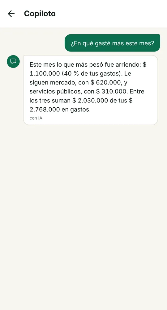 Copiloto con IA explicando en qué se fue el gasto del mes (cuenta de prueba)